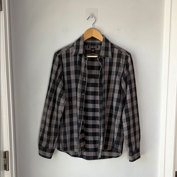 Michael Kors Cotton Black Gray Checkered Button Down Tailored Fit M - Picture 1 of 7